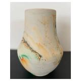 UL- Vintage Nemadji Pottery Vase, Marble-Glazed Swirl in Green, Orange & Tan