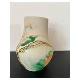 UL- Vintage Nemadji Pottery Vase, Marble-Glazed Swirl in Green, Orange & Tan