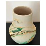 UL- Vintage Nemadji Pottery Vase, Marble-Glazed Swirl in Green, Orange & Tan