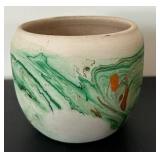uL - Nemadji Pottery 4-Inch Vase - Malachite Green Swirl Glaze