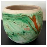uL - Nemadji Pottery 4-Inch Vase - Malachite Green Swirl Glaze