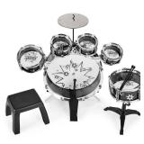 11-Piece Kids Beginner Drum Percussion Musical Instrument Toy Set, Black