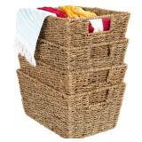 Set of 4 Seagrass Storage Tote Baskets, Laundry Organizer w/ Insert Handles