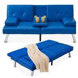 Faux Leather Upholstered Convertible Sofa Bed Futon w/ 2 Cupholders, Blue