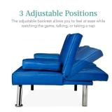 Faux Leather Upholstered Convertible Sofa Bed Futon w/ 2 Cupholders, Blue