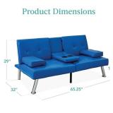 Faux Leather Upholstered Convertible Sofa Bed Futon w/ 2 Cupholders, Blue