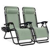 Set of 2 Adjustable Zero Gravity Patio Chair Recliners w/ Cup Holders, Sage Green