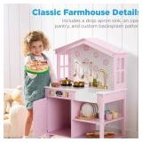 Pretend Play Wooden Farmhouse Kitchen Set w/ Storage, 5 Accessories, Pink