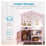 Pretend Play Wooden Farmhouse Kitchen Set w/ Storage, 5 Accessories, Pink
