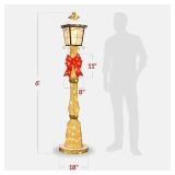 Large Outdoor Christmas Lamppost Decoration, 6ft Tall with Lighted Bow, 100 LEDs - Gold