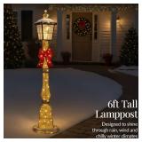 Large Outdoor Christmas Lamppost Decoration, 6ft Tall with Lighted Bow, 100 LEDs - Gold