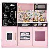 Pretend Play Kitchen Wooden Toy Set for Kids with 11 Accessories, Pink