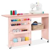 Folding Sewing Table Multipurpose Craft Station & Side Table w/ Wheels, Pink