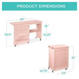Folding Sewing Table Multipurpose Craft Station & Side Table w/ Wheels, Pink