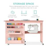 Folding Sewing Table Multipurpose Craft Station & Side Table w/ Wheels, Pink