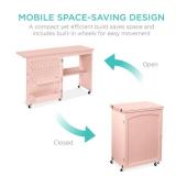 Folding Sewing Table Multipurpose Craft Station & Side Table w/ Wheels, Pink
