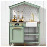 Pretend Play Wooden Farmhouse Kitchen Set w/ Storage, 5 Accessories