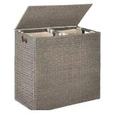 Large Water Hyacinth Double Laundry Hamper Basket w/ 2 Liner Bags, Gray