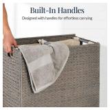 Large Water Hyacinth Double Laundry Hamper Basket w/ 2 Liner Bags, Gray