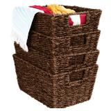 Set of 4 Seagrass Storage Tote Baskets, Laundry Organizer w/ Insert Handles