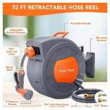 Garvee Garden Hose Reel, 1/2 in x 72 ft Wall Mounted Retractable Water Hose Reel with 9 Function Sprayer Nozzle, Any Length Lock, 180° Swivel Bracket, Automatic Rewind and Slow Return System