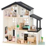 Pretend Play Wooden Doll House w/ 40 Accessories, Modern Toy Playset