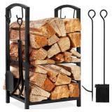 5-Piece Firewood Log Rack Holder Tools Set w/ Hook, Broom, Shovel, Tongs