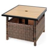 Outdoor Wicker Patio Side Table Accent Furniture w/ Umbrella Hole