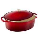 Oval Cast-Iron Dutch Oven Kitchen Cookware w/ Enamel - 7.5qt, Red