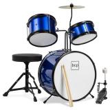 Kids Beginner 3-Piece Drum, Musical Instrument Set w/ Sticks, Stool, Pedal, Blue