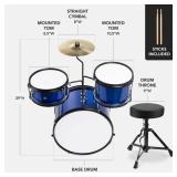 Kids Beginner 3-Piece Drum, Musical Instrument Set w/ Sticks, Stool, Pedal, Blue