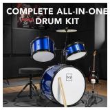 Kids Beginner 3-Piece Drum, Musical Instrument Set w/ Sticks, Stool, Pedal, Blue