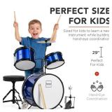 Kids Beginner 3-Piece Drum, Musical Instrument Set w/ Sticks, Stool, Pedal, Blue