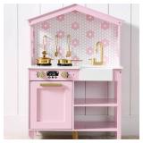 Pretend Play Wooden Farmhouse Kitchen Set w/ Storage, 5 Accessories, Rose