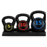 3-Piece Kettlebell Exercise Fitness Weight Set w/ Storage Rack, Black