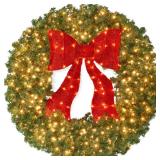 Pre-Lit Artificial Fir Christmas Wreath w/ Red Bow, LED Lights, 24'