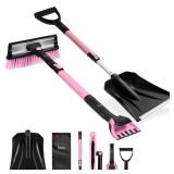 4 in 1 Snow Brush with Shovel, Ice Scraper & Squeegee w/Storage Bag, Pink