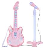 Kids Pretend Play Guitar Musical Instrument Toy w/ Microphone, Stand - 19in., Pink