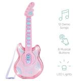 Kids Pretend Play Guitar Musical Instrument Toy w/ Microphone, Stand - 19in., Pink