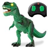 Kids Remote Control Dinosaur Toy, Electronic RC T-Rex w/ Light-Up LED Eyes, Roaring Sounds - Green