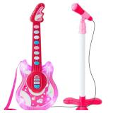 Kids Pretend Play Guitar Musical Instrument Toy w/ Microphone, Stand - 19in, Pink