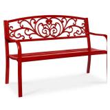 Steel Bench for Outdoor, Patio, Garden w/ Floral Design - 50in, Red