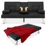 Faux Leather Upholstered Convertible Sofa Bed Futon w/ 2 Cupholders, Black
