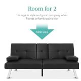 Faux Leather Upholstered Convertible Sofa Bed Futon w/ 2 Cupholders, Black