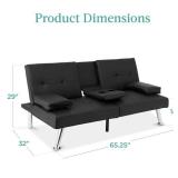 Faux Leather Upholstered Convertible Sofa Bed Futon w/ 2 Cupholders, Black