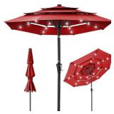 3-Tier Solar Patio Umbrella w/ LED Lights, Tilt Adjustment, Crank - 10ft, Red