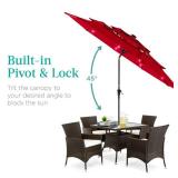 3-Tier Solar Patio Umbrella w/ LED Lights, Tilt Adjustment, Crank - 10ft, Red