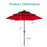 3-Tier Solar Patio Umbrella w/ LED Lights, Tilt Adjustment, Crank - 10ft, Red