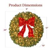Pre-Lit Artificial Fir Christmas Wreath w/ Red Bow, LED Lights 24'