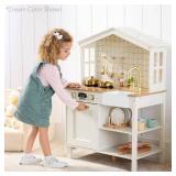 Pretend Play Wooden Farmhouse Kitchen Set w/ Storage, Clicking Knobs, 5 Accessories - Ocean